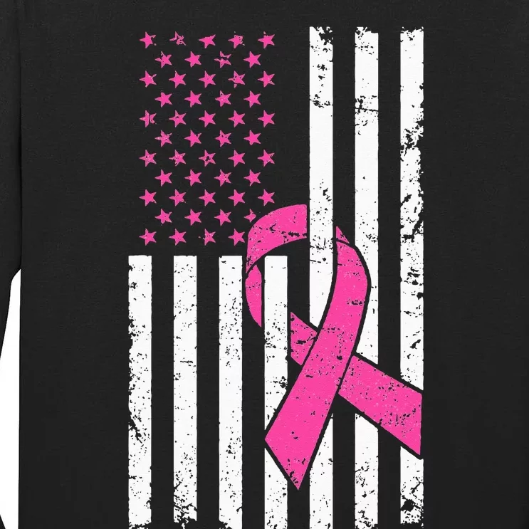 Pink Ribbon USA American Flag Breast Cancer Prevention Tall Long Sleeve T-Shirt