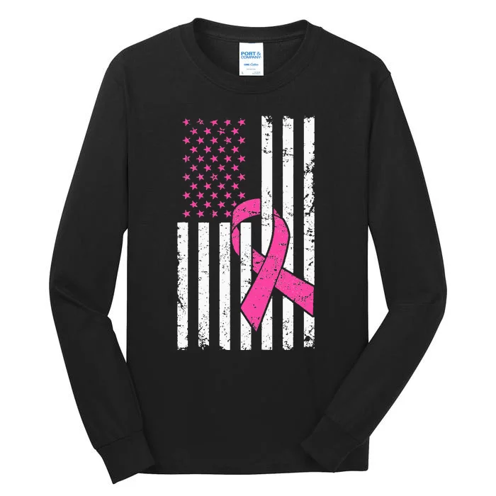 Pink Ribbon USA American Flag Breast Cancer Prevention Tall Long Sleeve T-Shirt