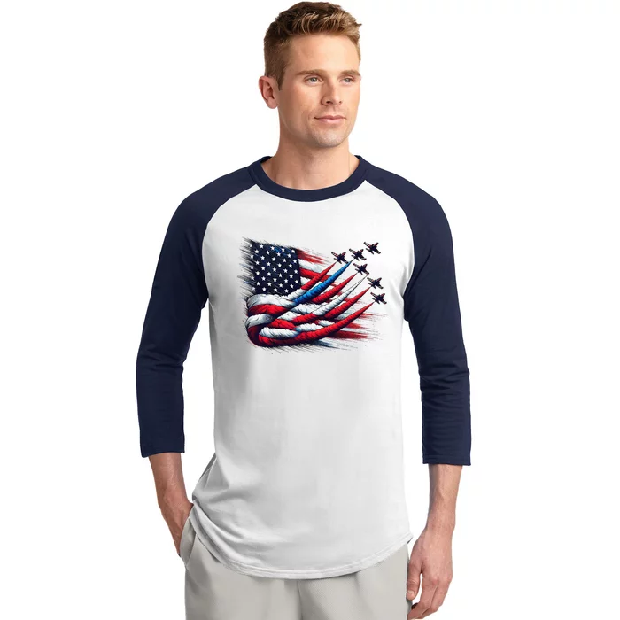 Patriotic Red White Blue Usa Flag Fighter Jets 4th Of July Baseball Sleeve Shirt