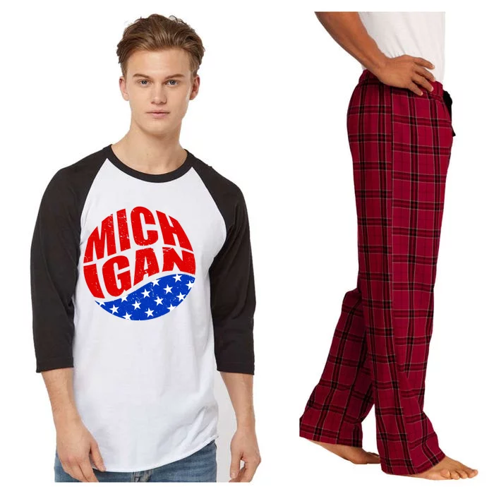 Patriotic Red White Blue Michigan Emblem Raglan Sleeve Pajama Set