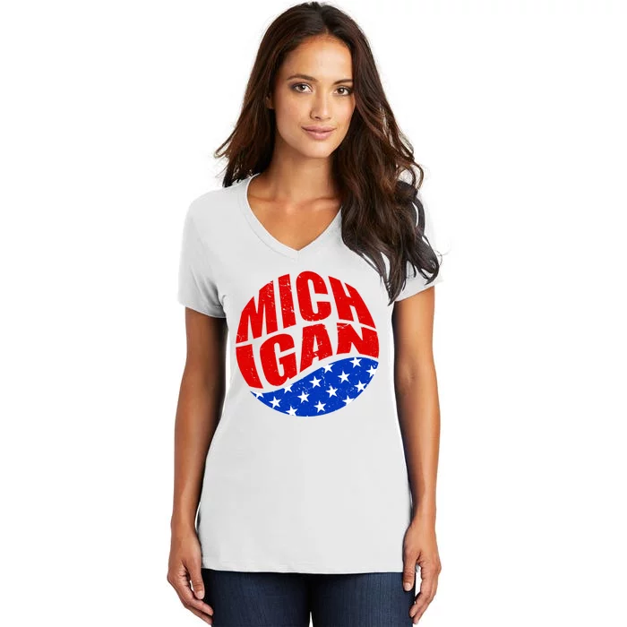 Patriotic Red White Blue Michigan Emblem Women's V-Neck T-Shirt