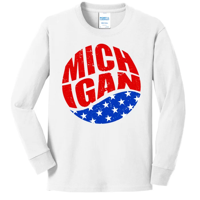 Patriotic Red White Blue Michigan Emblem Kids Long Sleeve Shirt