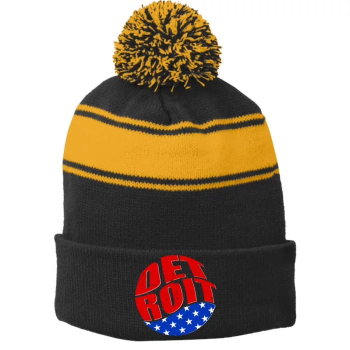 Patriotic Red White Blue Detroit Emblem Stripe Pom Pom Beanie