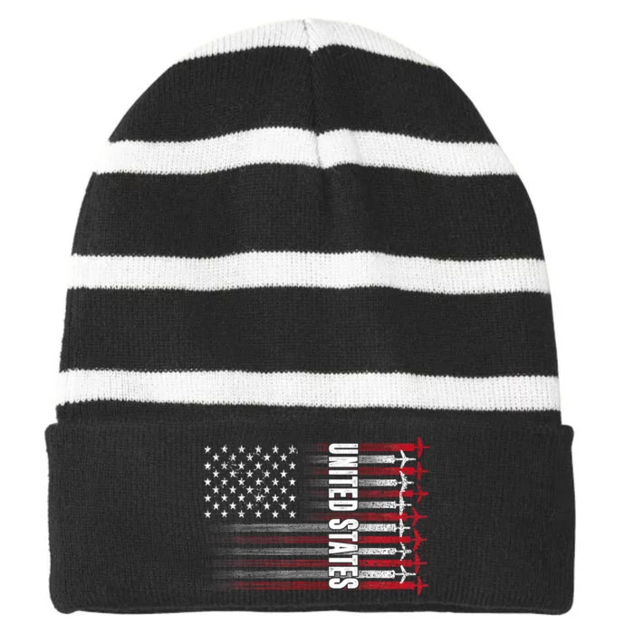 Patriotic Red White Blue Usa Flag Fighter Jets 4th Of July Striped Beanie with Solid Band