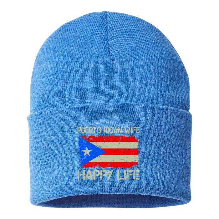 Puerto Rican Wife Happy Life Puerto Rico Flag Funny Husband Gift Sustainable Knit Beanie