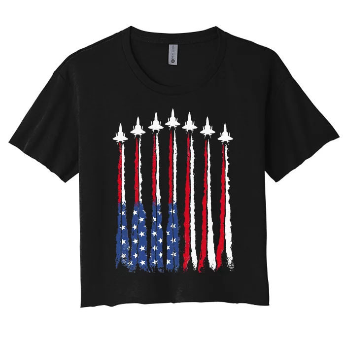 Patriotic Red White Blue Usa Flag Fighter Jets 4th Of July Women's Crop Top Tee