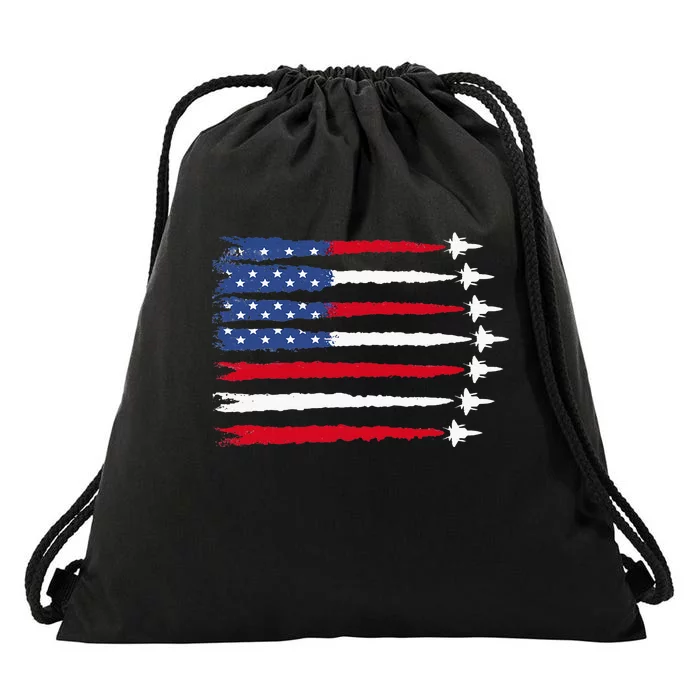 Patriotic Red White Blue Usa Flag Fighter Jets 4th Of July Drawstring Bag