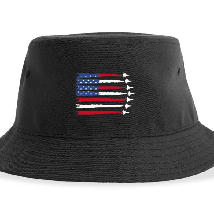 Patriotic Red White Blue Usa Flag Fighter Jets 4th Of July Sustainable Bucket Hat