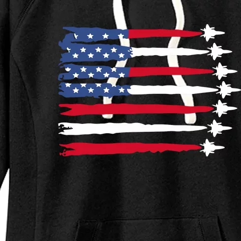 Patriotic Red White Blue Usa Flag Fighter Jets 4th Of July Women's Fleece Hoodie