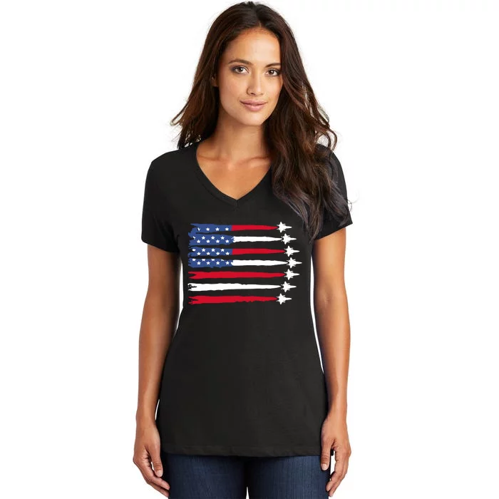 Patriotic Red White Blue Usa Flag Fighter Jets 4th Of July Women's V-Neck T-Shirt