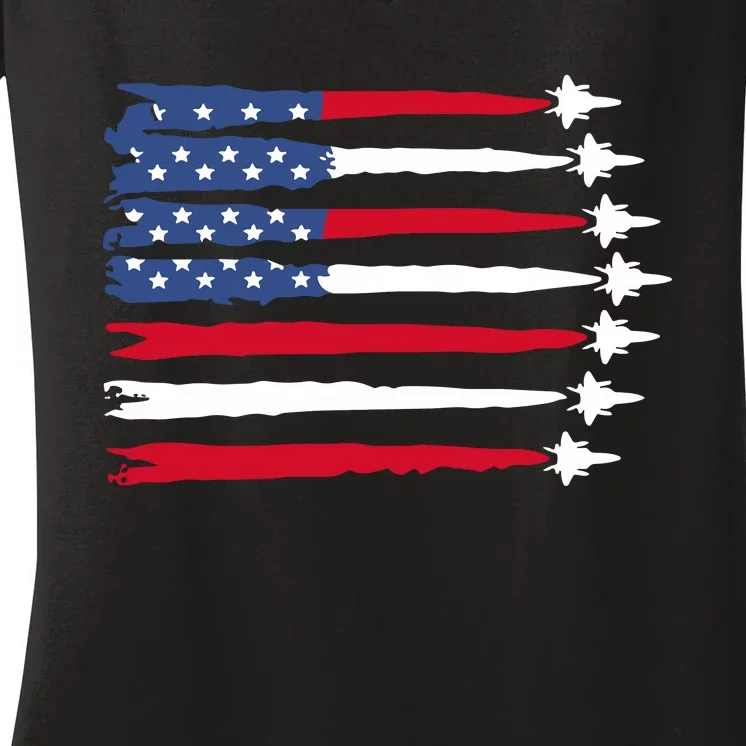 Patriotic Red White Blue Usa Flag Fighter Jets 4th Of July Women's V-Neck T-Shirt