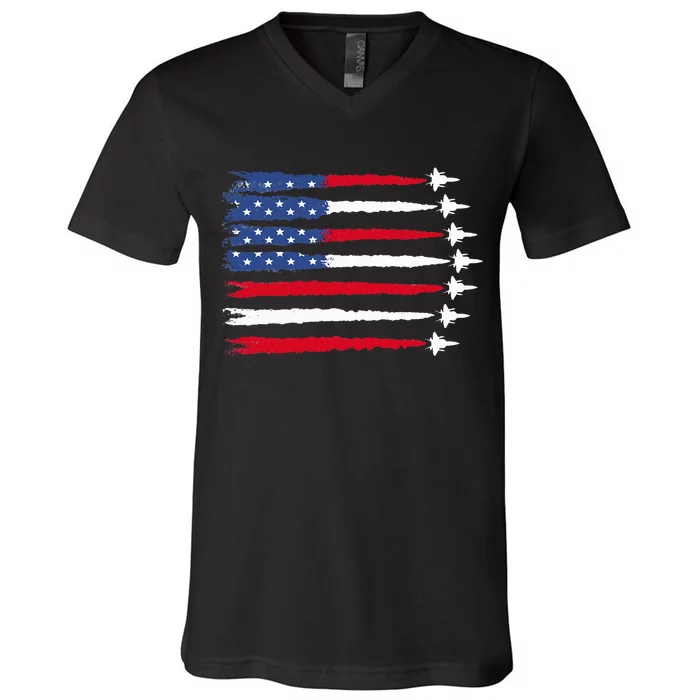 Patriotic Red White Blue USA Flag Fighter Jets 4th of July V-Neck T-Shirt