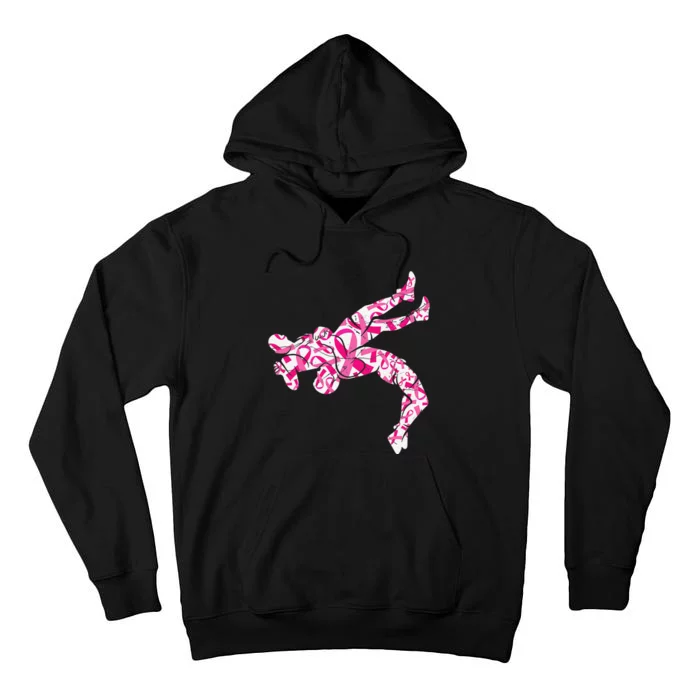 Pink Ribbon Wrestling Breast Cancer Awareness Support Mom Tall Hoodie