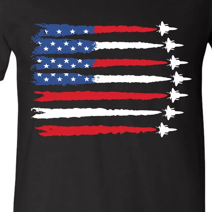 Patriotic Red White Blue Usa Flag Fighter Jets V-Neck T-Shirt