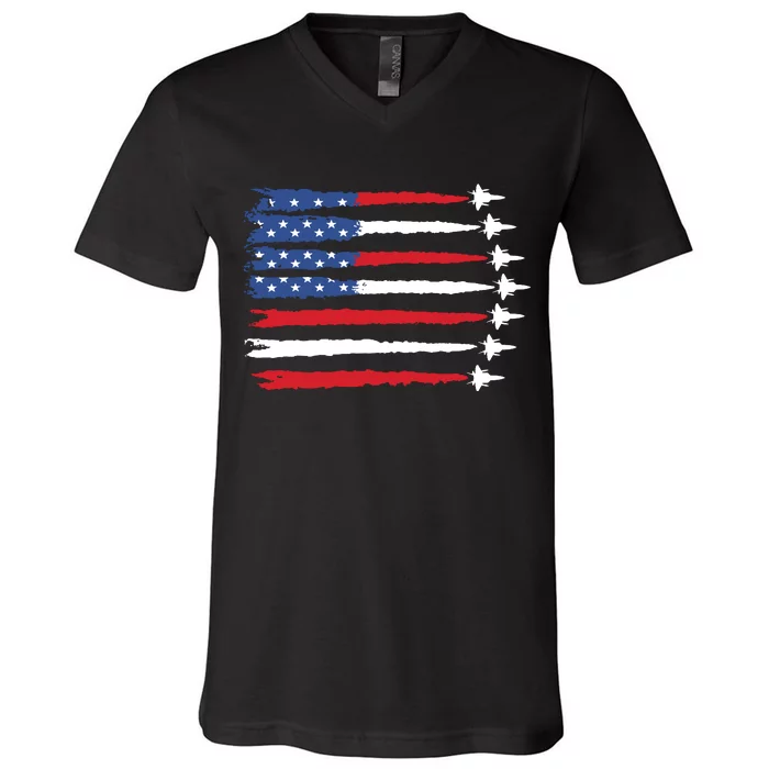 Patriotic Red White Blue Usa Flag Fighter Jets V-Neck T-Shirt