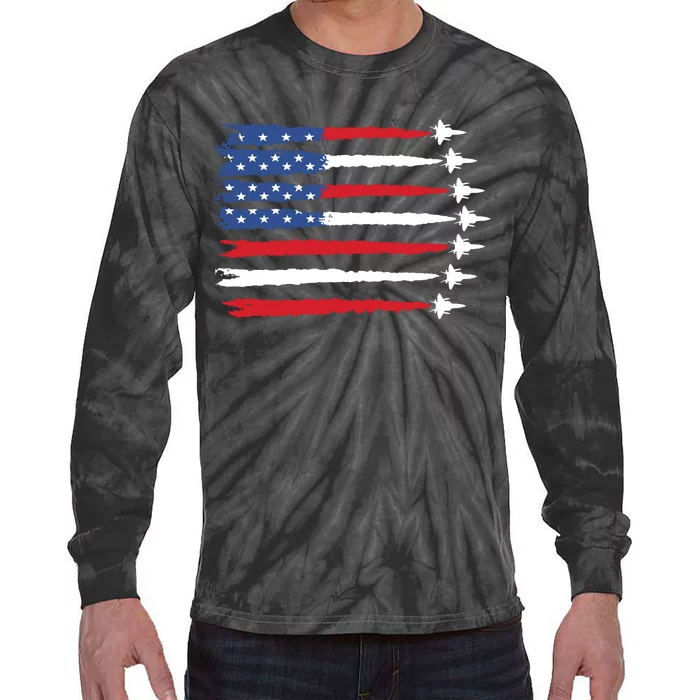 Patriotic Red White Blue Usa Flag Fighter Jets Tie-Dye Long Sleeve Shirt