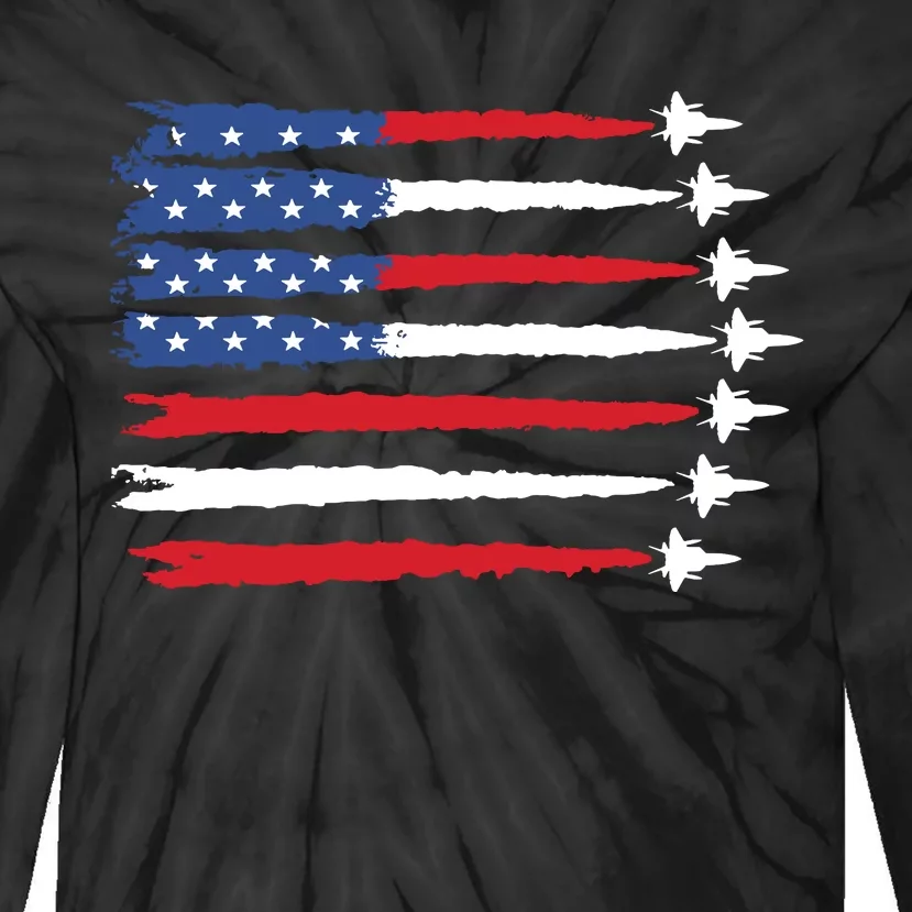 Patriotic Red White Blue Usa Flag Fighter Jets Tie-Dye Long Sleeve Shirt