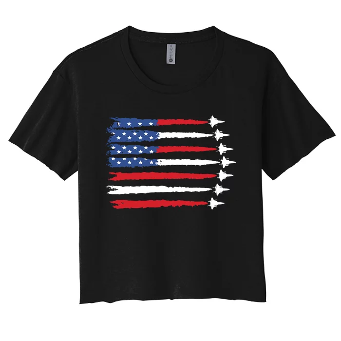 Patriotic Red White Blue Usa Flag Fighter Jets Women's Crop Top Tee