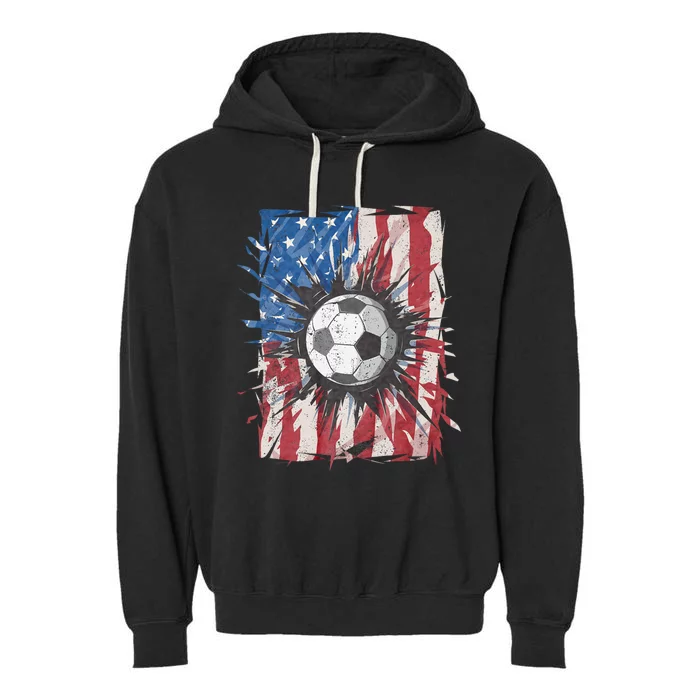 Patriotic Soccer 4th Of July Usa American Flag Garment-Dyed Fleece Hoodie