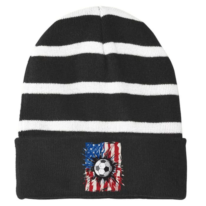 Patriotic Soccer 4th of July  USA American Flag Striped Beanie with Solid Band