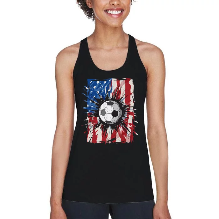 Patriotic Soccer 4th of July USA American Flag Women's Racerback Tank