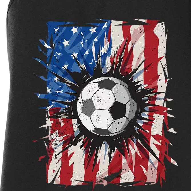 Patriotic Soccer 4th of July USA American Flag Women's Racerback Tank