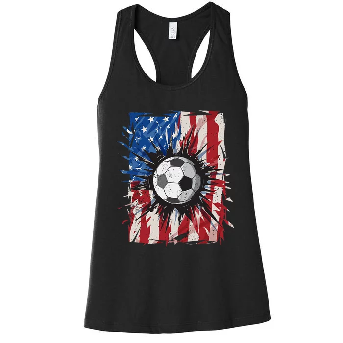 Patriotic Soccer 4th of July USA American Flag Women's Racerback Tank