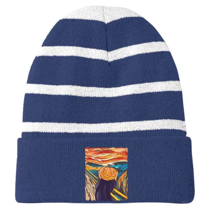 Pumpkin Scream Art Painting Parody Striped Beanie with Solid Band