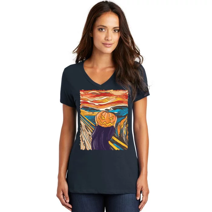 Pumpkin Scream Art Painting Parody Women's V-Neck T-Shirt