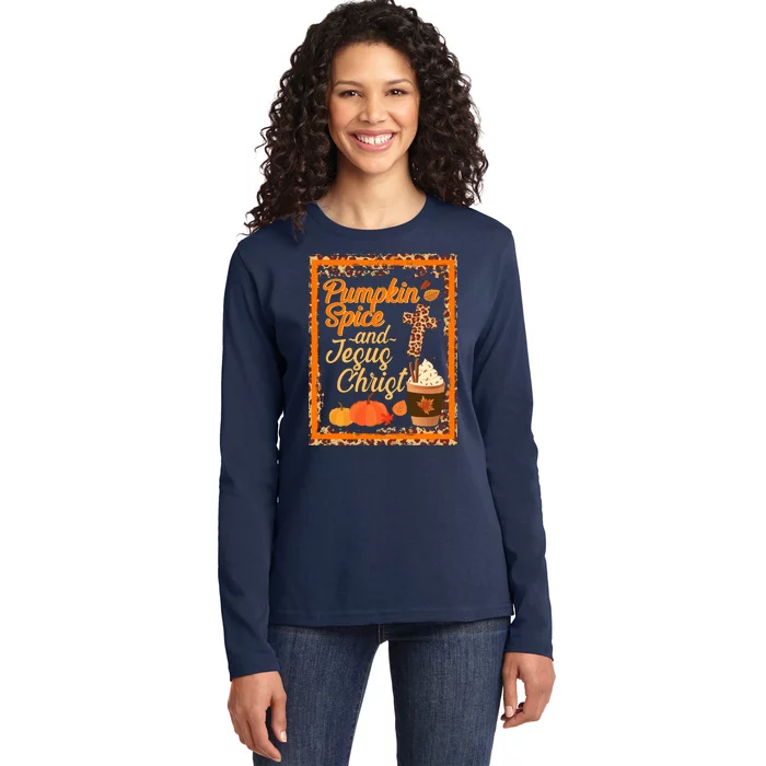 Pumpkin Spice And Jesus Christ Autumn Fall Leopard Print Ladies Long Sleeve Shirt