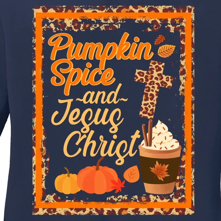 Pumpkin Spice And Jesus Christ Autumn Fall Leopard Print Ladies Long Sleeve Shirt