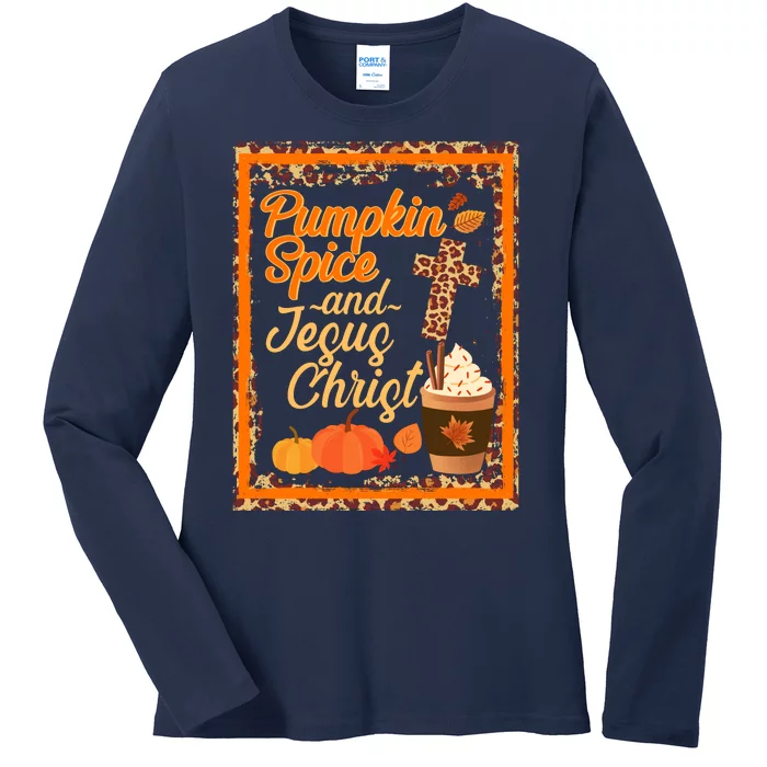 Pumpkin Spice And Jesus Christ Autumn Fall Leopard Print Ladies Long Sleeve Shirt