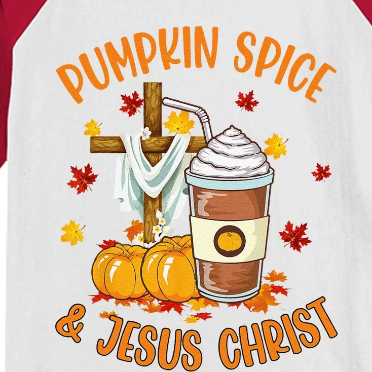 Pumpkin Spice And Jesus Christ Funny Coffee Lovers Gifts Kids Colorblock Raglan Jersey