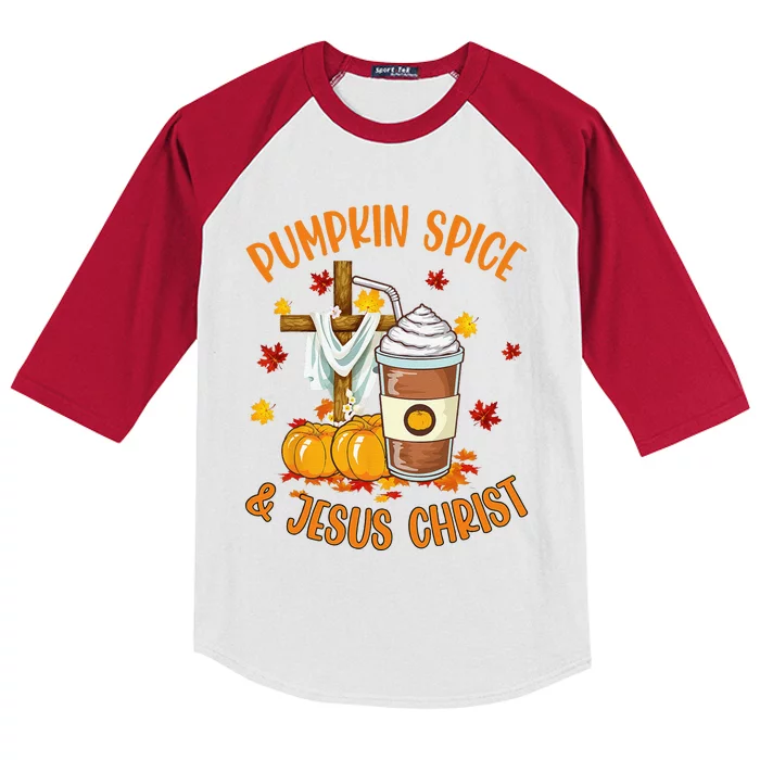 Pumpkin Spice And Jesus Christ Funny Coffee Lovers Gifts Kids Colorblock Raglan Jersey