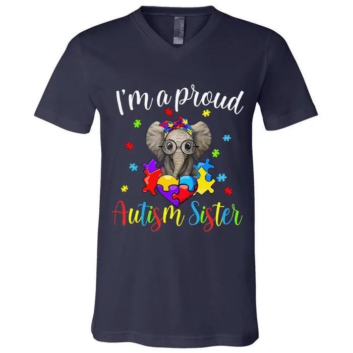 Proud Sister Autism Awareness Cute Elephant Puzzle Piece V-Neck T-Shirt