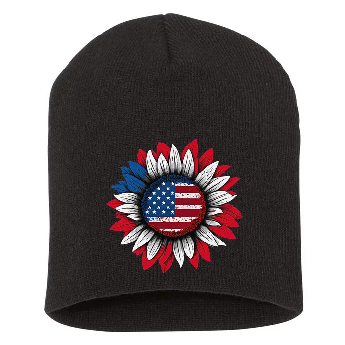 Patriotic Sunflower American flag 4th of July Short Acrylic Beanie