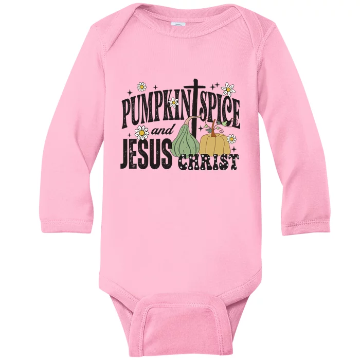 Pumpkin Spice And Jesus Christ Fun Fall Christian Cross Faith Baby Long Sleeve Bodysuit