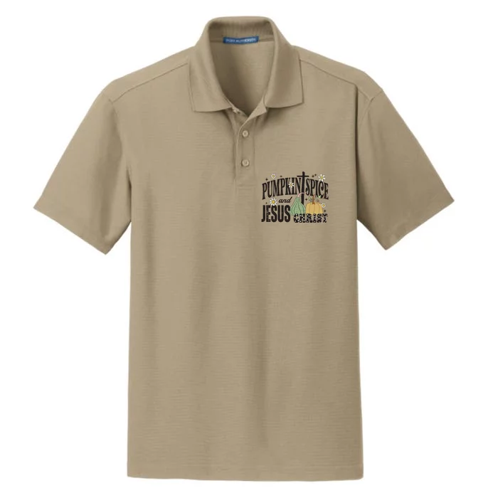 Pumpkin Spice And Jesus Christ Fun Fall Christian Cross Faith Dry Zone Grid Performance Polo