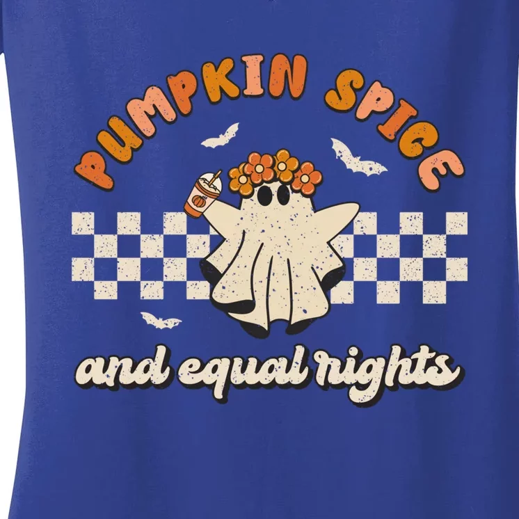 Pumpkin Spice And Equal Rights Retro Groovy Fall Season Gift Women's V-Neck T-Shirt