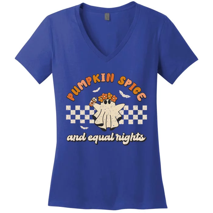 Pumpkin Spice And Equal Rights Retro Groovy Fall Season Gift Women's V-Neck T-Shirt