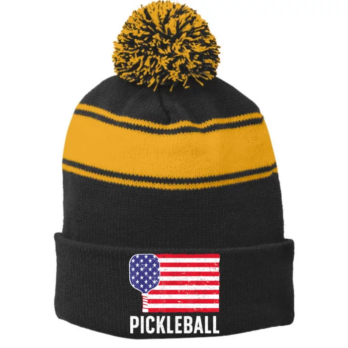 Paddle Sport American Flag Pickleball Lover Gift Stripe Pom Pom Beanie