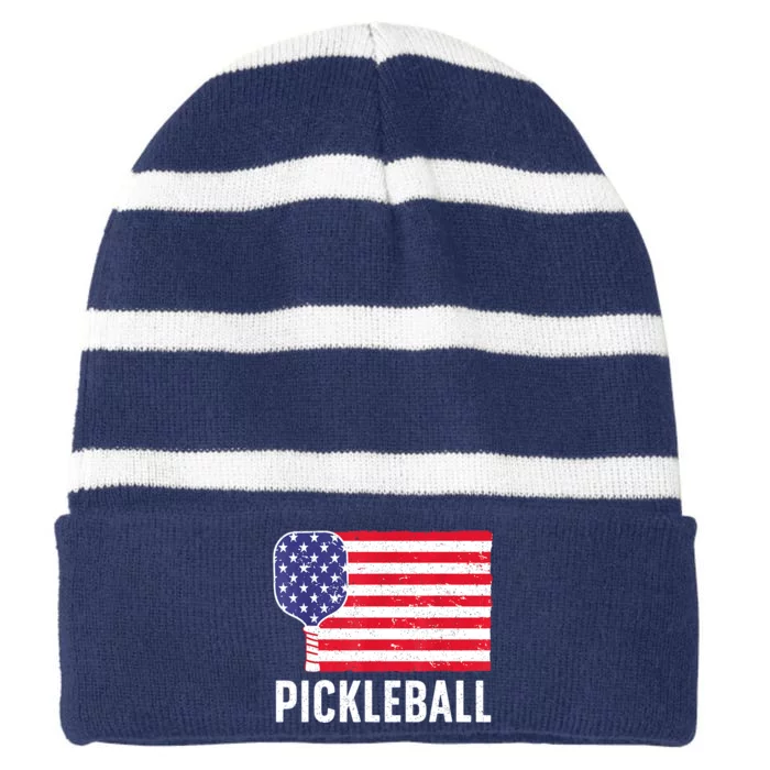 Paddle Sport American Flag Pickleball Lover Gift Striped Beanie with Solid Band