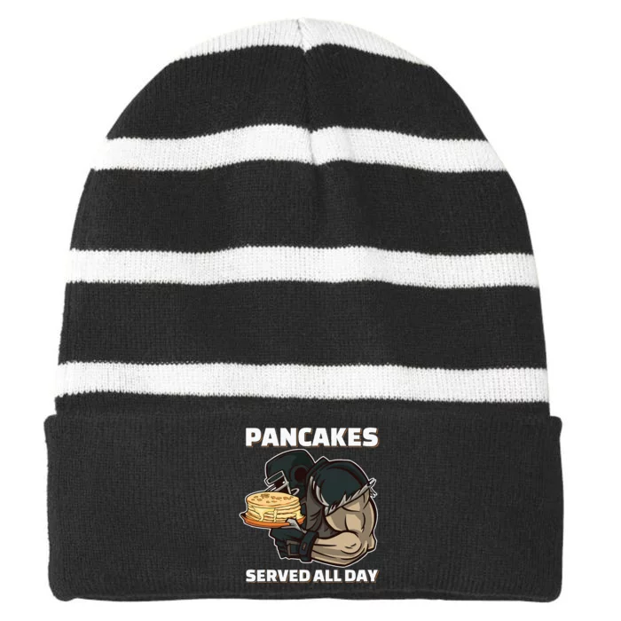 Pancakes Served All Day Football Offensive Lineman Pancake Striped Beanie with Solid Band