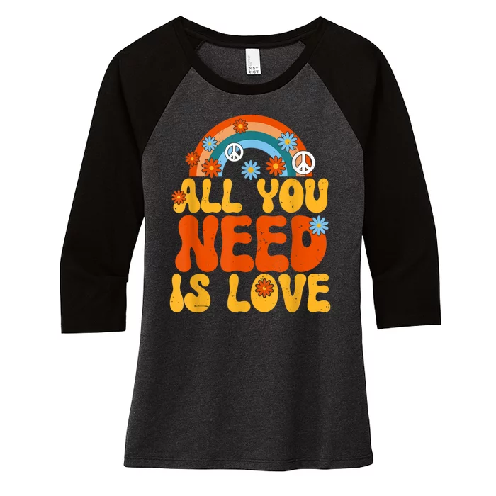 Peace Sign All You Need Is Love 60s 70s Women's Tri-Blend 3/4-Sleeve Raglan Shirt