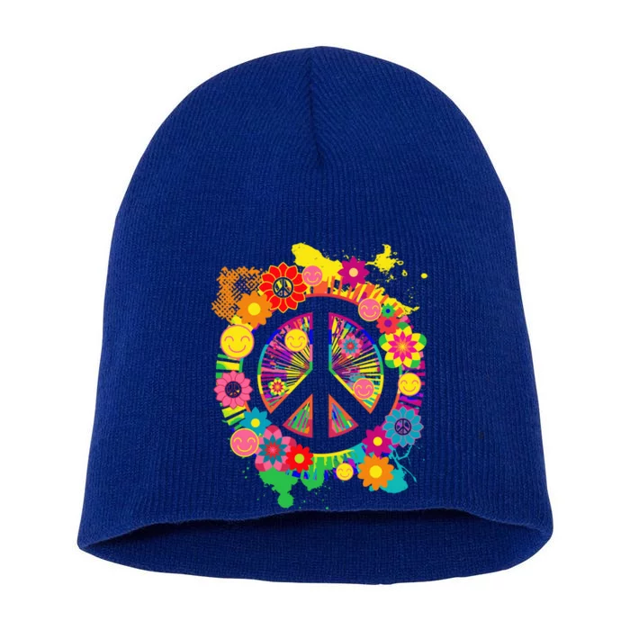 Peace Sign Bright Colorful Flowers 60s 70s Hippie Retro Meaningful Gift Short Acrylic Beanie