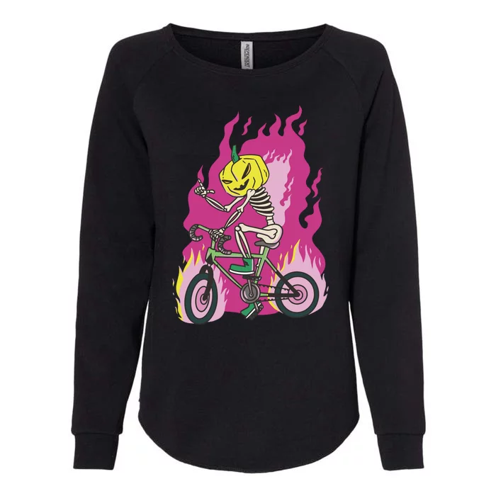 Pumpkin Skull Bike Rider Flame Womens California Wash Sweatshirt