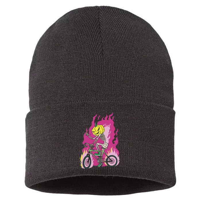 Pumpkin Skull Bike Rider Flame Sustainable Knit Beanie