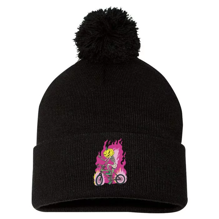 Pumpkin Skull Bike Rider Flame Pom Pom 12in Knit Beanie