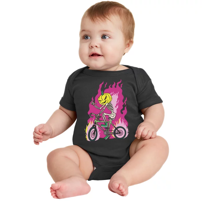 Pumpkin Skull Bike Rider Flame Baby Bodysuit