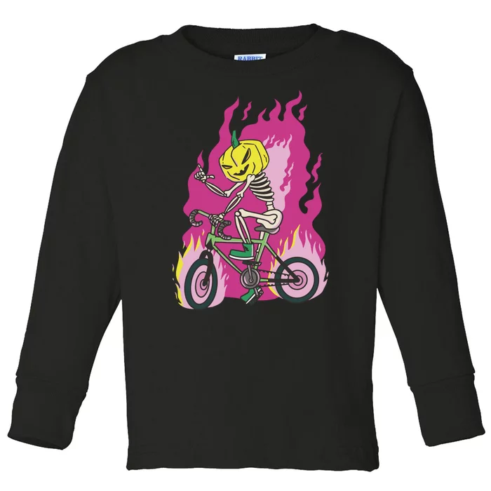 Pumpkin Skull Bike Rider Flame Toddler Long Sleeve Shirt